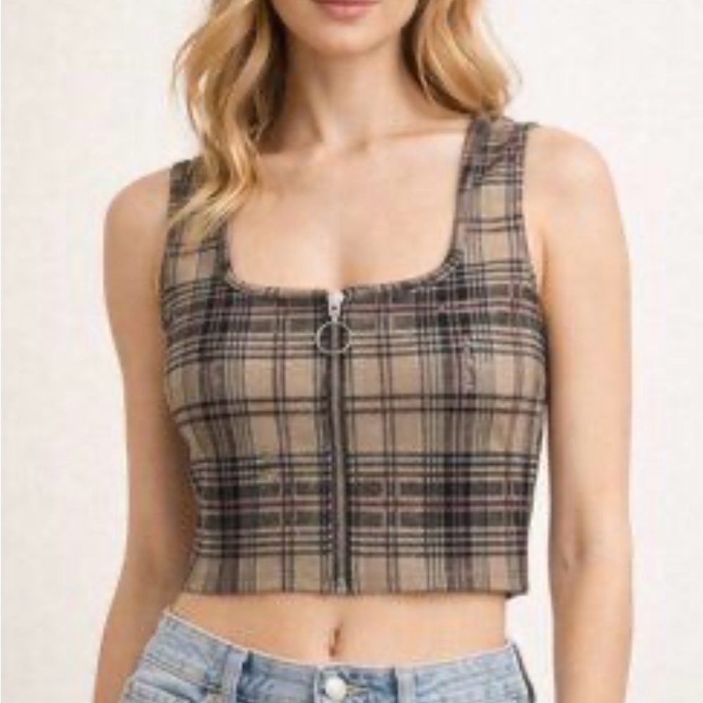 Hollister NWOT Plaid Zip-Front Crop Tank Top - Taupe Plaid